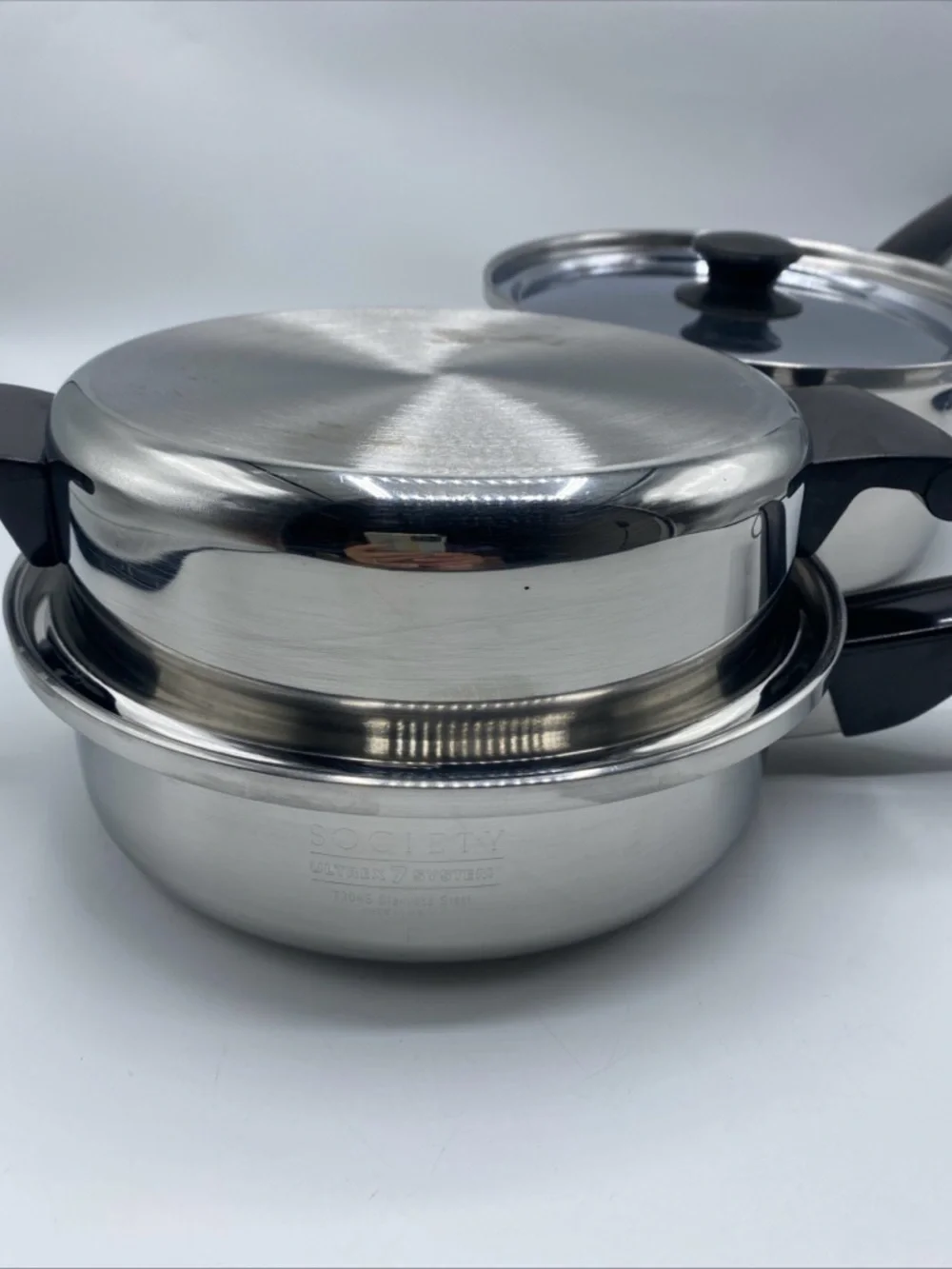 Society Sensi-Tone Cookware Ultrex 7 T304s Steamer Boiler 2 Pots Lid Stainless - Picture 7 of 8